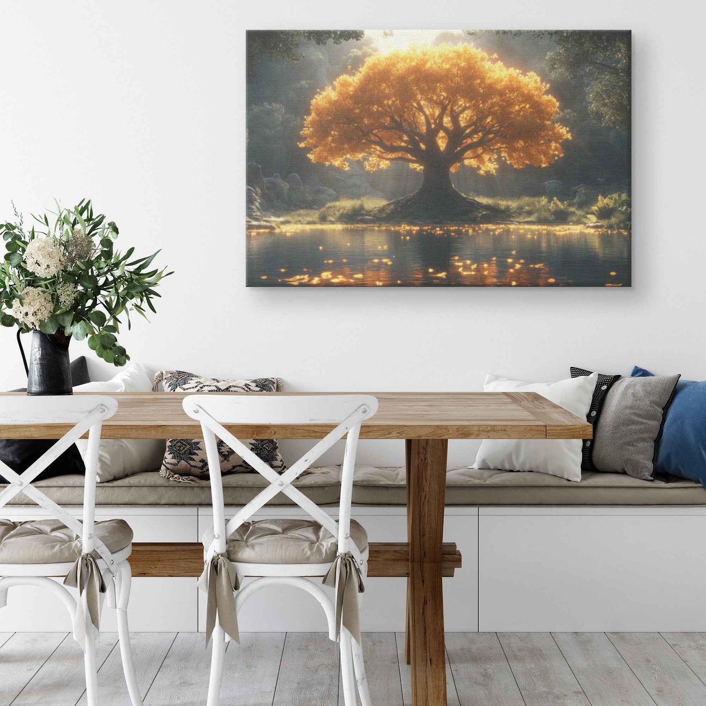 Majestic Tree of Life Golden Leaves an Enchanted Lake   Nature Canvas Wall Art Decor