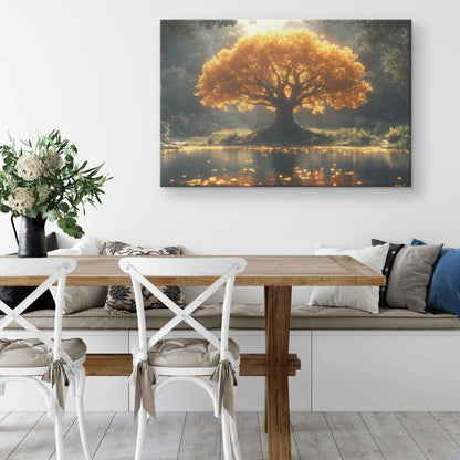 Majestic Tree of Life Golden Leaves an Enchanted Lake   Nature Canvas Wall Art Decor