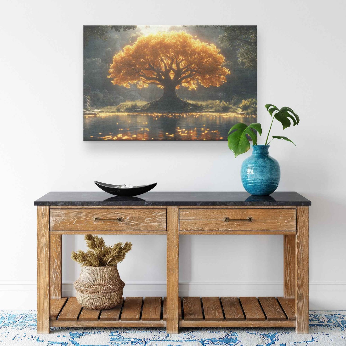 Majestic Tree of Life Golden Leaves an Enchanted Lake   Nature Canvas Wall Art Decor