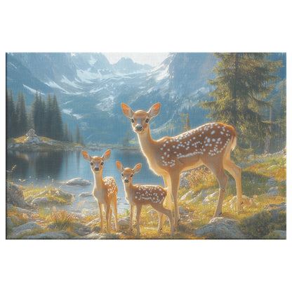 A Family of Deer with Fawn a Lake and Mountains   Christian Canvas Wall Art Decor - Awakening Righteousness