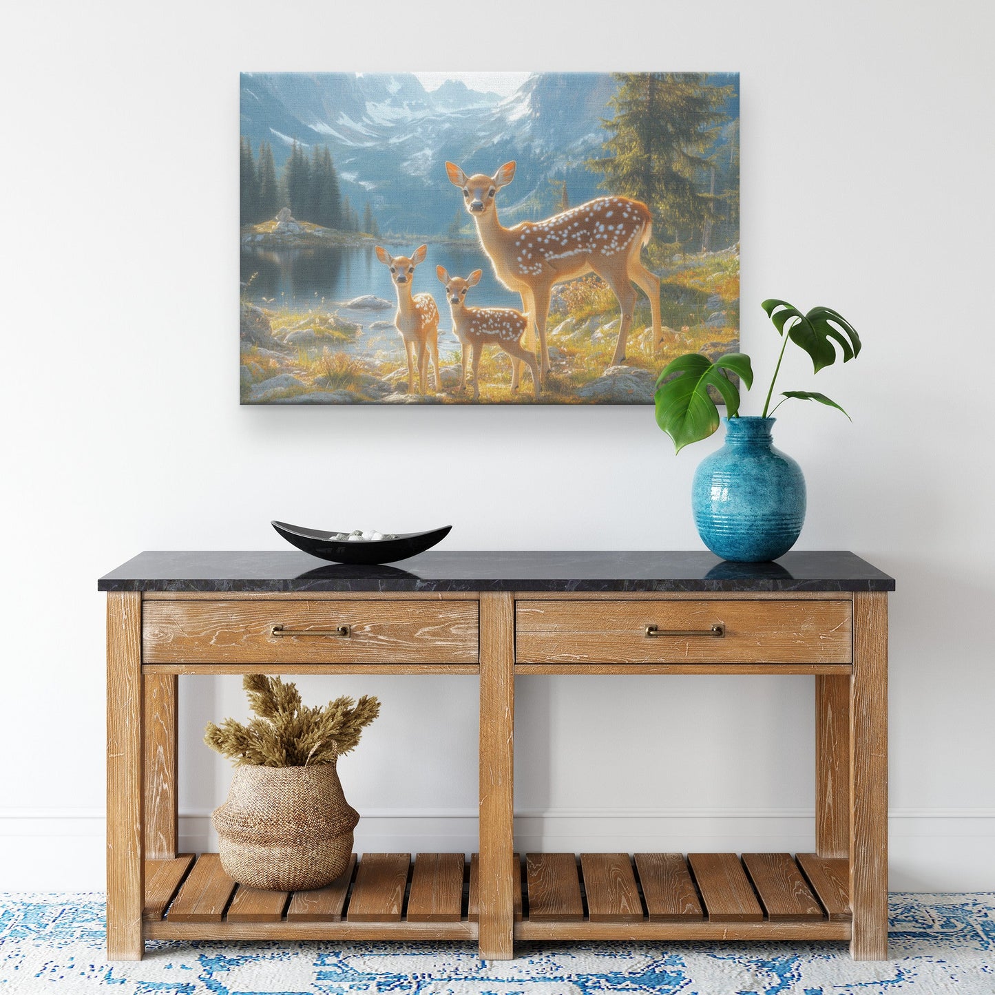A Family of Deer with Fawn a Lake and Mountains   Christian Canvas Wall Art Decor - Awakening Righteousness