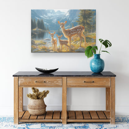 A Family of Deer with Fawn a Lake and Mountains   Christian Canvas Wall Art Decor - Awakening Righteousness