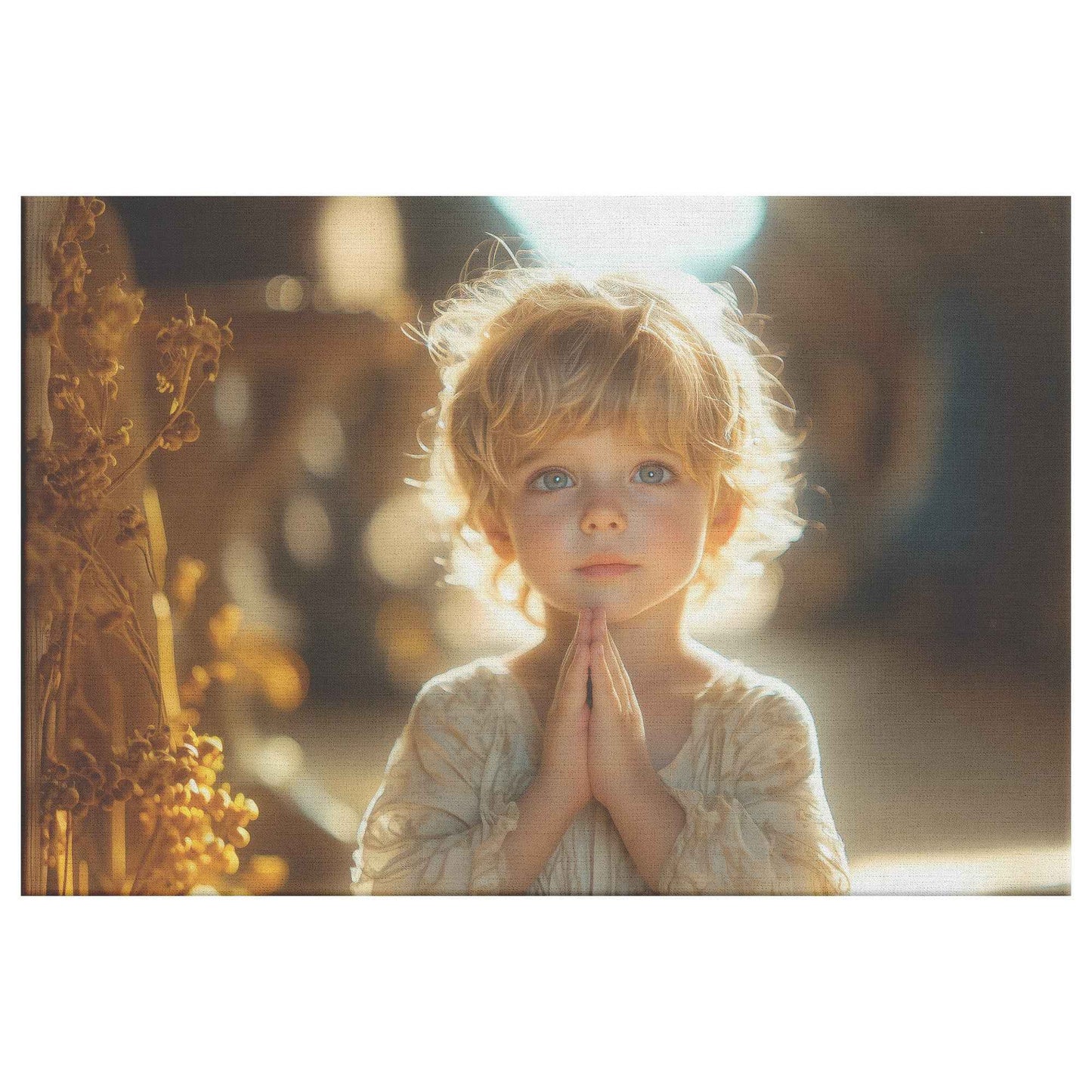 A Heartwarming Depiction of a Little Boy in Prayer Bathed in Heavenly Light   Inspirational Christian Canvas Wall Art Decor