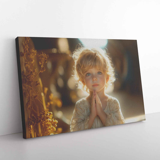 A Heartwarming Depiction of a Little Boy in Prayer Bathed in Heavenly Light   Inspirational Christian Canvas Wall Art Decor