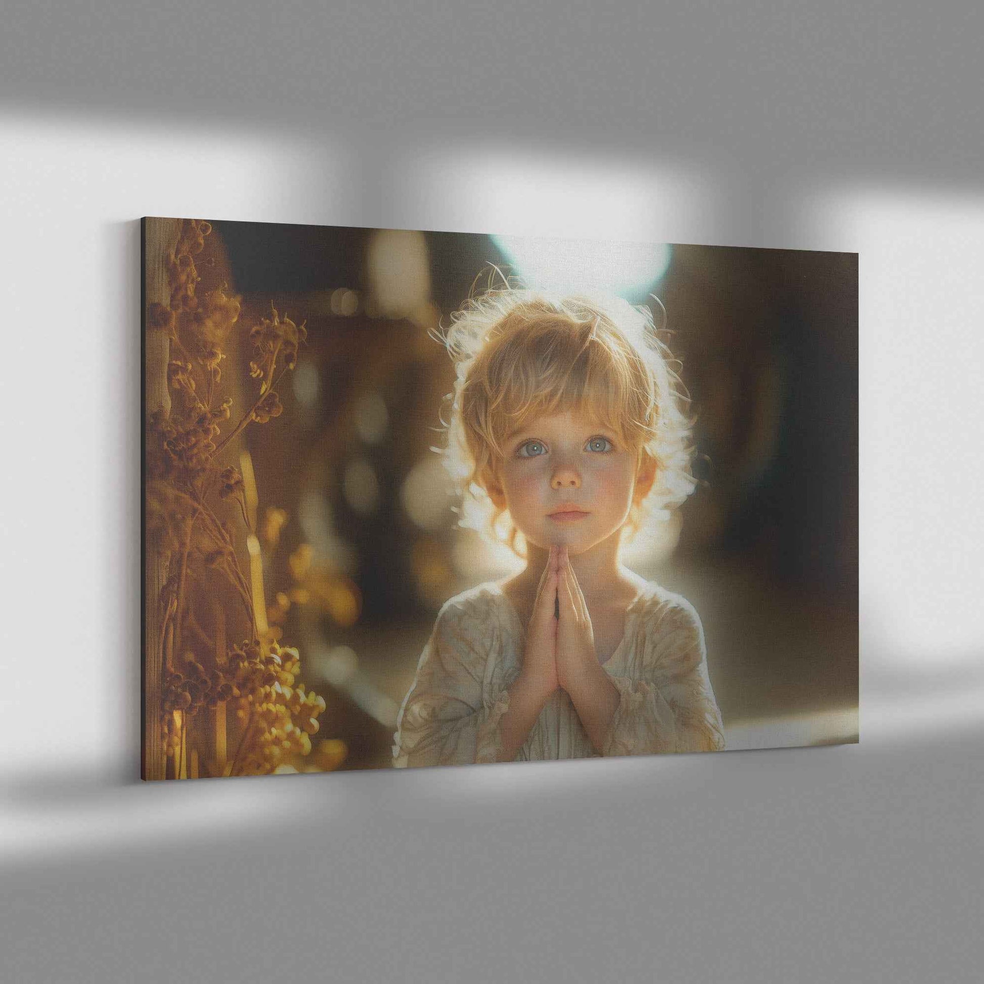 A Heartwarming Depiction of a Little Boy in Prayer Bathed in Heavenly Light   Inspirational Christian Canvas Wall Art Decor