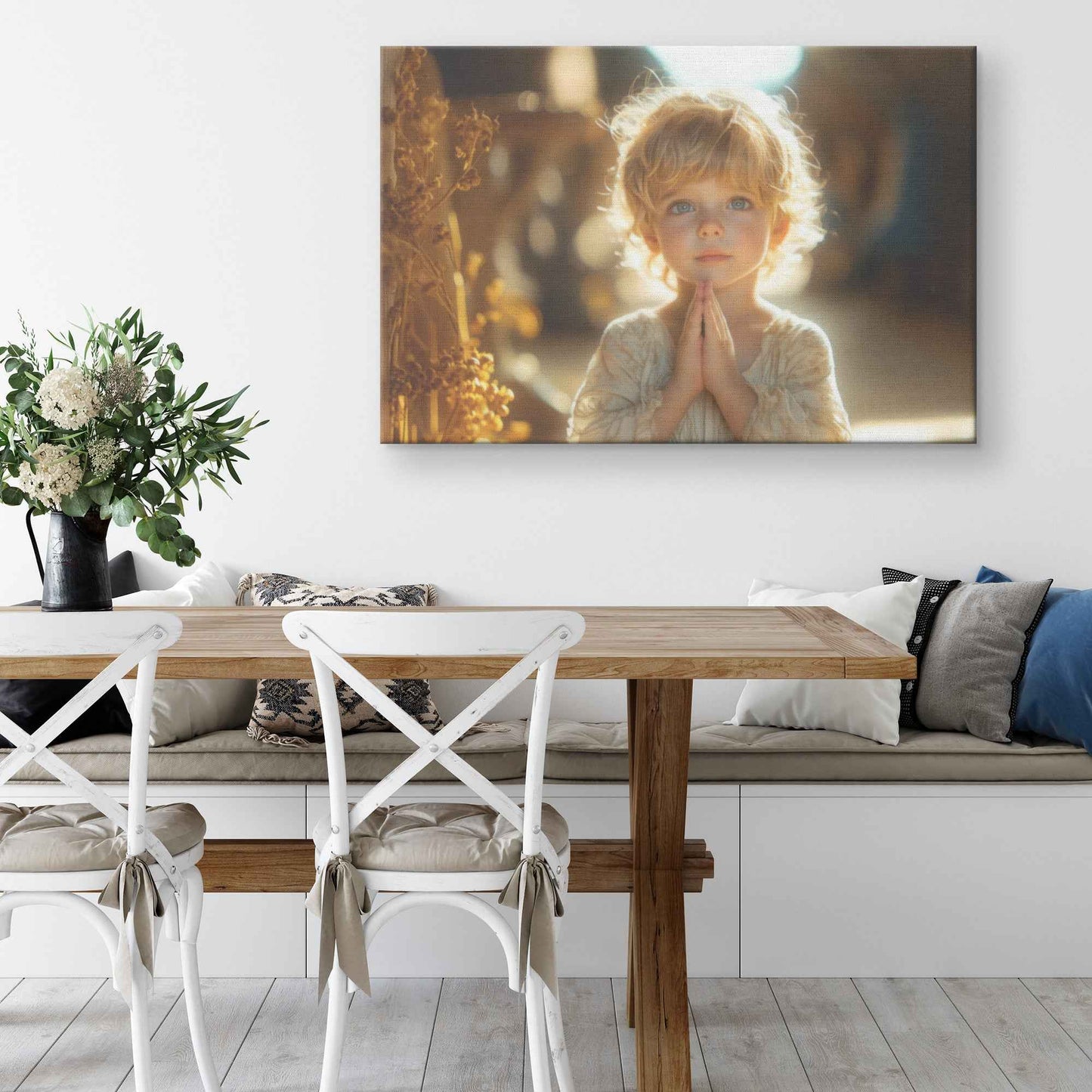 A Heartwarming Depiction of a Little Boy in Prayer Bathed in Heavenly Light   Inspirational Christian Canvas Wall Art Decor