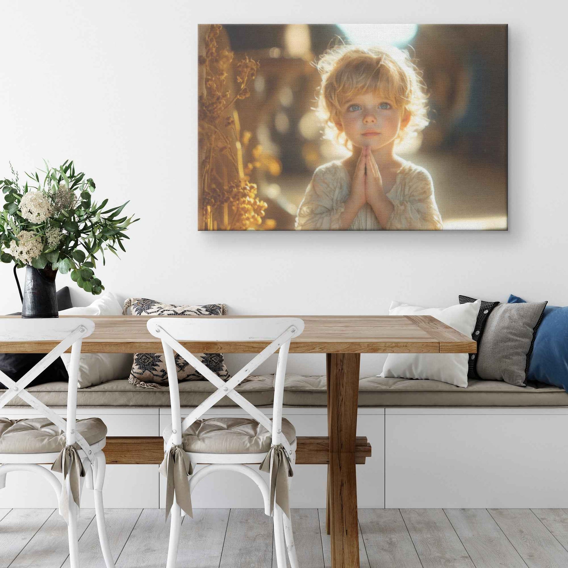 A Heartwarming Depiction of a Little Boy in Prayer Bathed in Heavenly Light   Inspirational Christian Canvas Wall Art Decor