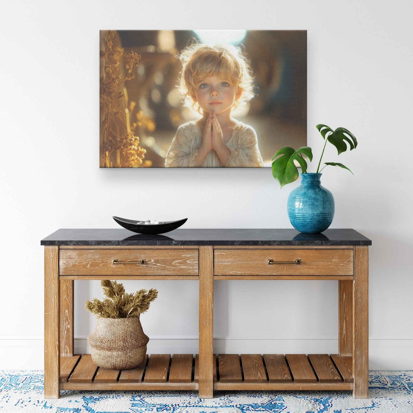 A Heartwarming Depiction of a Little Boy in Prayer Bathed in Heavenly Light   Inspirational Christian Canvas Wall Art Decor
