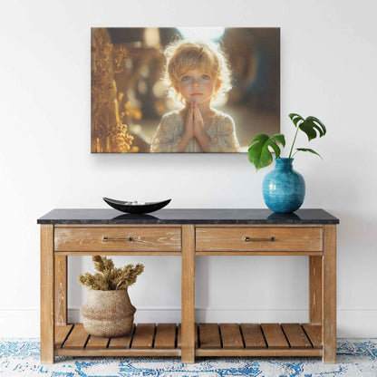 A Heartwarming Depiction of a Little Boy in Prayer Bathed in Heavenly Light   Inspirational Christian Canvas Wall Art Decor
