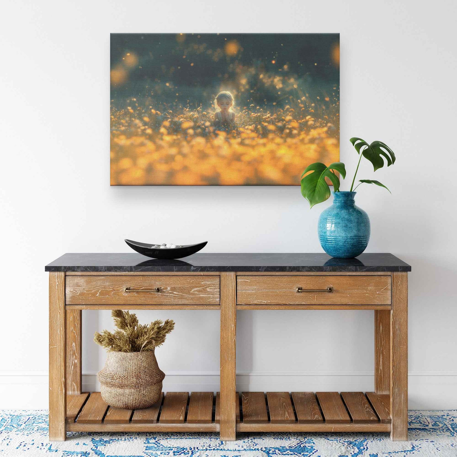 A Little Girl Amidst a Golden Sea of Dandelions   Enchanting Christian Canvas Wall Art Decor