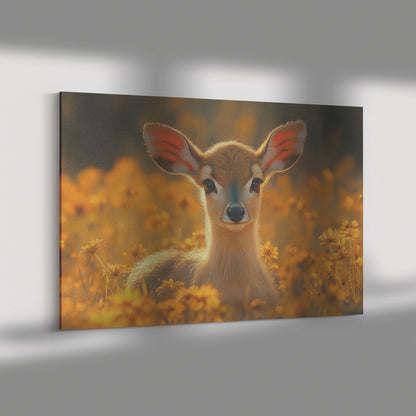Adorable Baby Deer with Large Ears Standing in a Field of Yellow Flowers  Golden Hour Wildlife Canvas Wall Art for Home Living Room or Nursery - Awakening Righteousness
