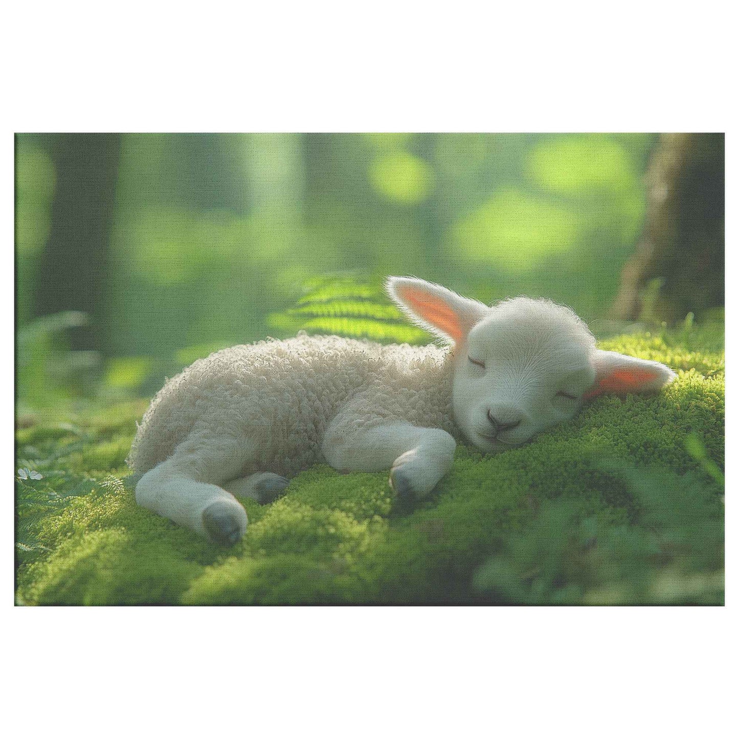 Adorable Baby Lamb Resting on Moss in Tranquil Forest Canvas Wall Art Decor