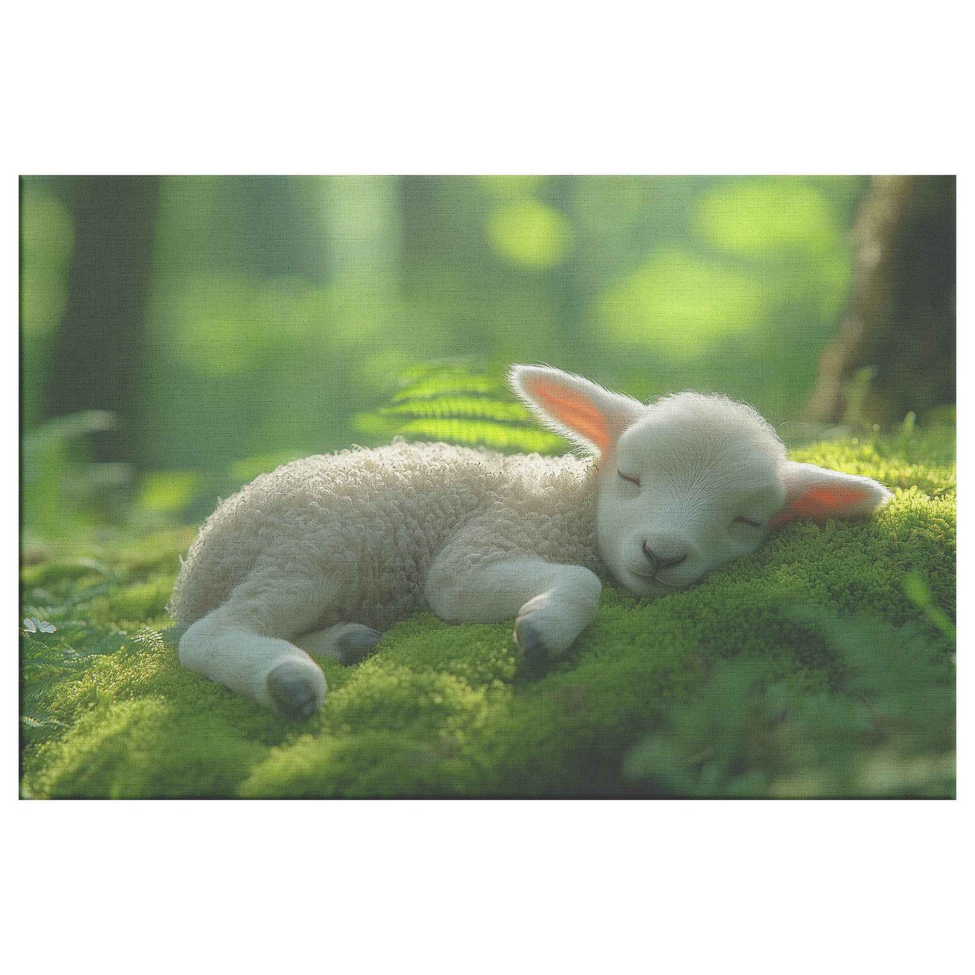 Adorable Baby Lamb Resting on Moss in Tranquil Forest Canvas Wall Art Decor