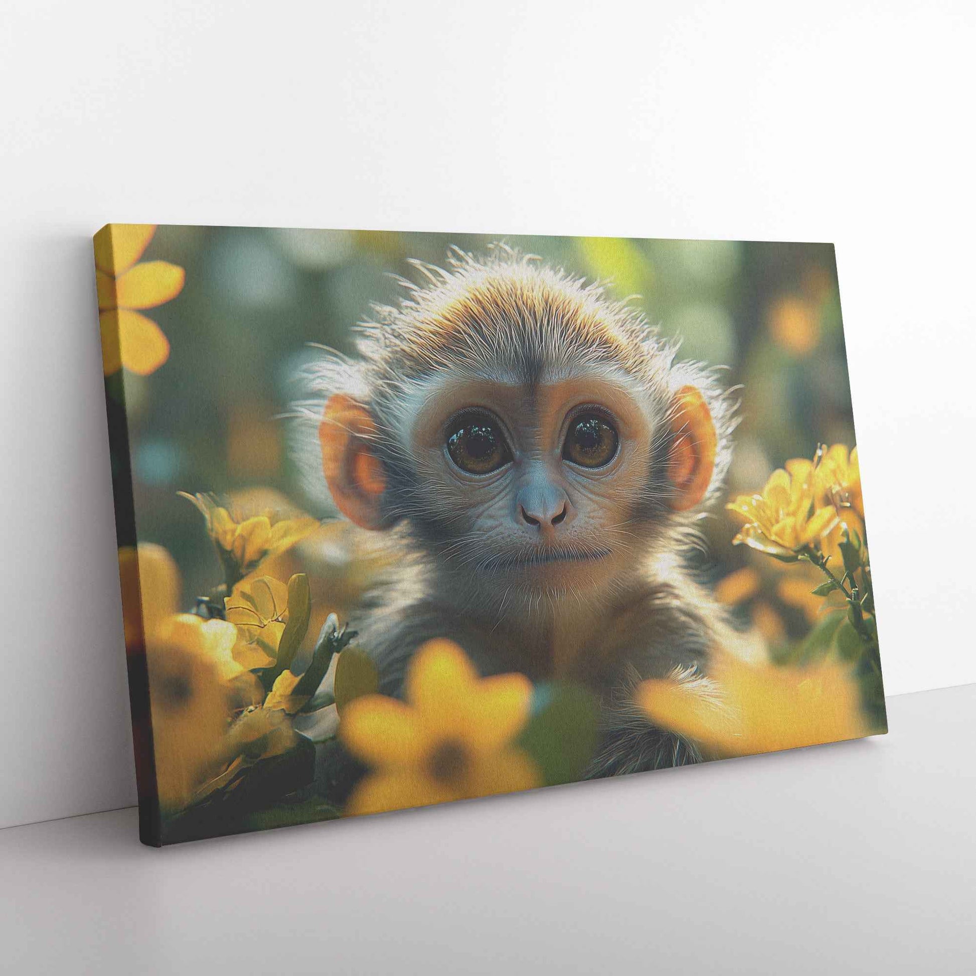 Adorable Baby Monkey in Sunlit Dandelion Field Canvas Wall Art Decor