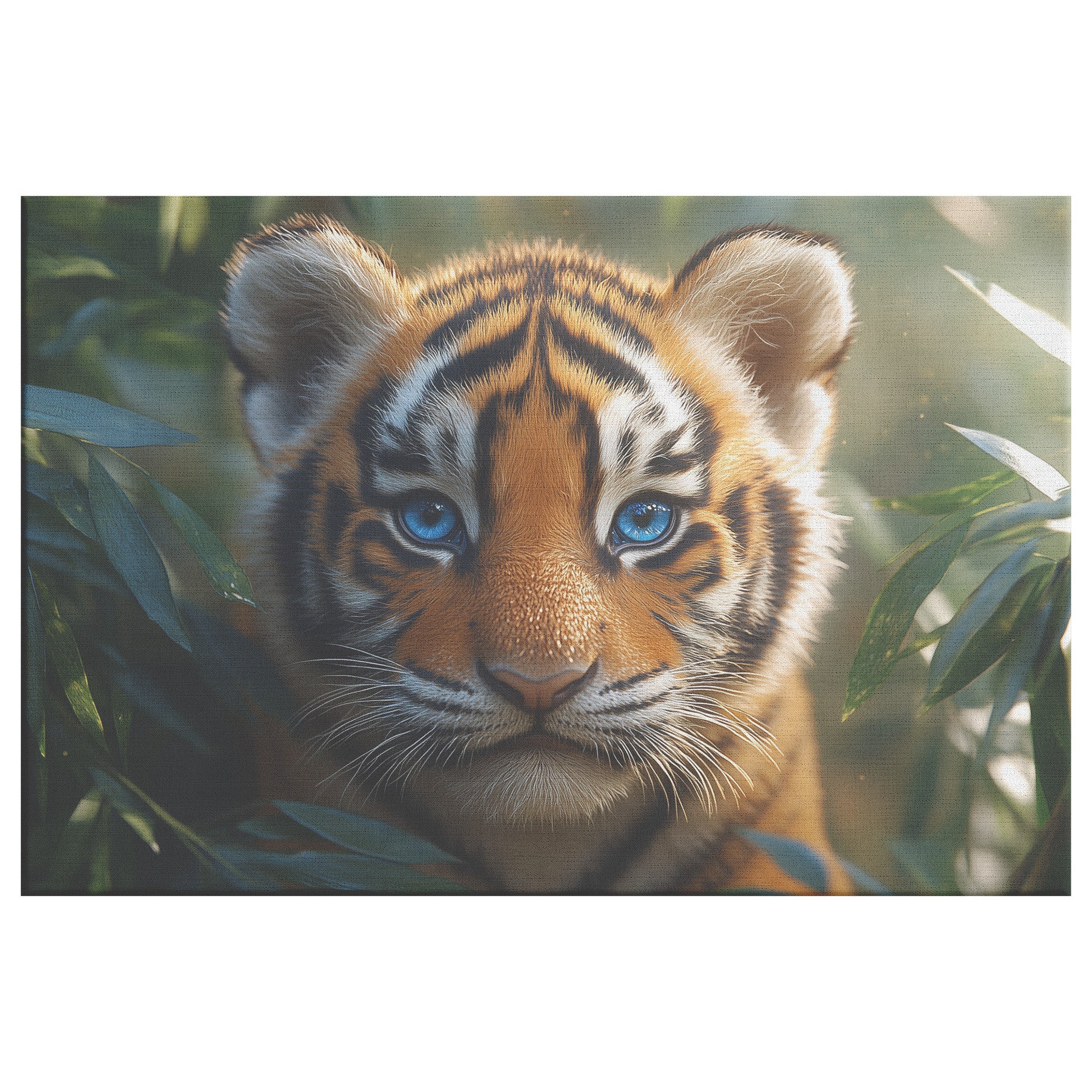 Adorable Baby Tiger Cub with Blue Eyes Peeking Out from Behind Leaves in Dense Jungle Home Living Room or Nursery Canvas Wall Art Decor - Awakening Righteousness