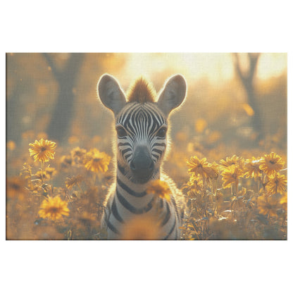Adorable Baby Zebra in a Yellow Flower Field at Sunset Golden Hour Serenity Canvas Wall Art Decor - Awakening Righteousness