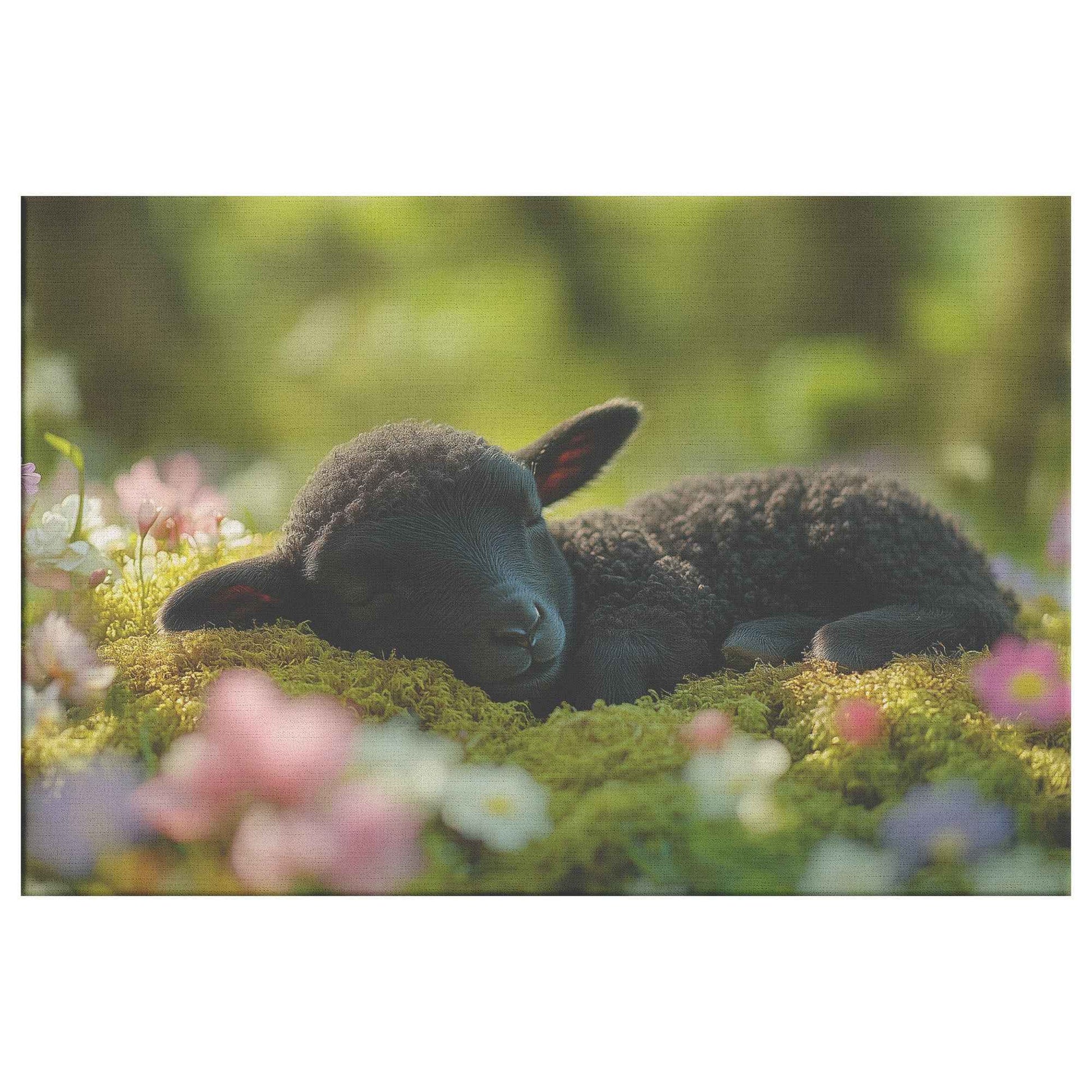Adorable Black Lamb in Serene Slumber Embraced Nature's Beauty   Christian Canvas Wall Art Decor