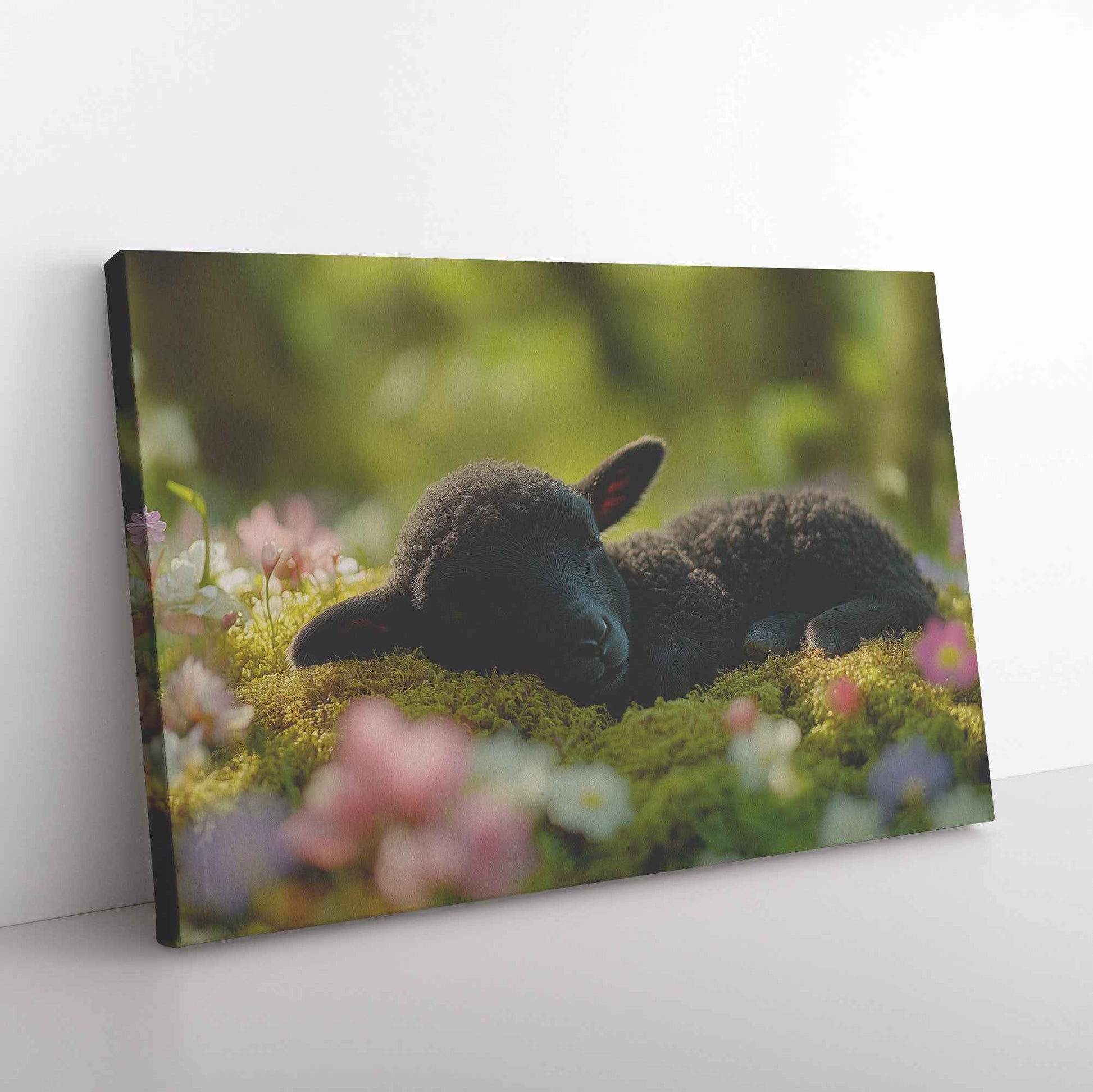 Adorable Black Lamb in Serene Slumber Embraced Nature's Beauty   Christian Canvas Wall Art Decor