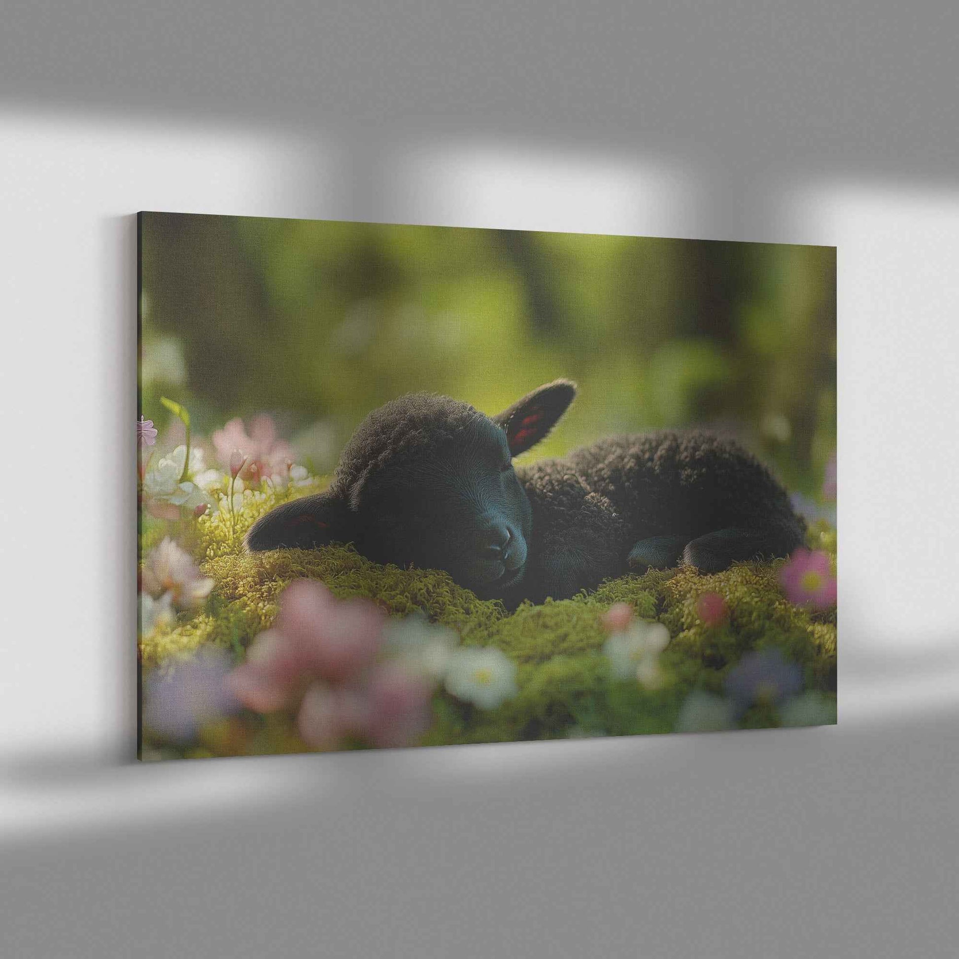 Adorable Black Lamb in Serene Slumber Embraced Nature's Beauty   Christian Canvas Wall Art Decor