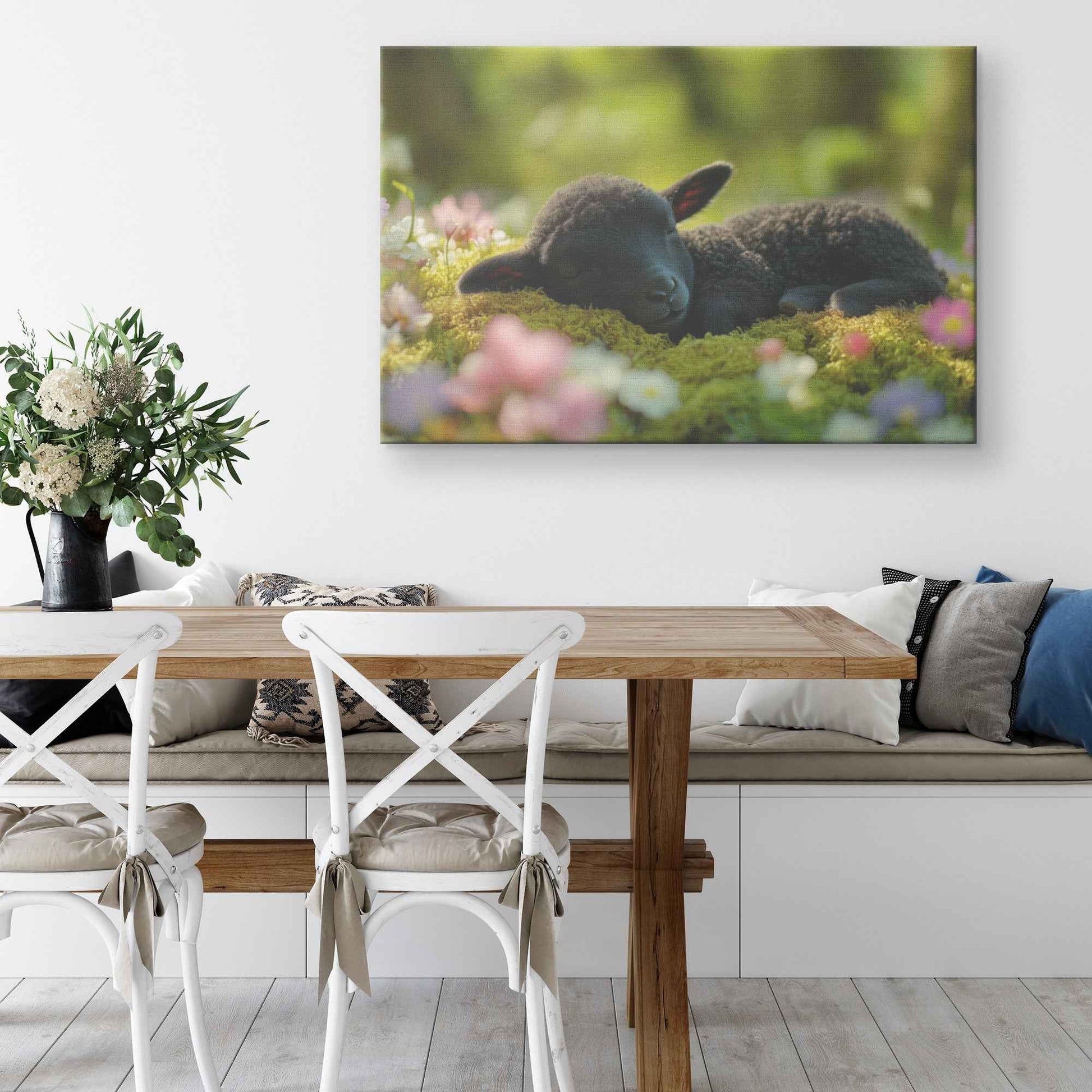 Adorable Black Lamb in Serene Slumber Embraced Nature's Beauty   Christian Canvas Wall Art Decor