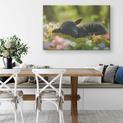 Adorable Black Lamb in Serene Slumber Embraced Nature's Beauty   Christian Canvas Wall Art Decor