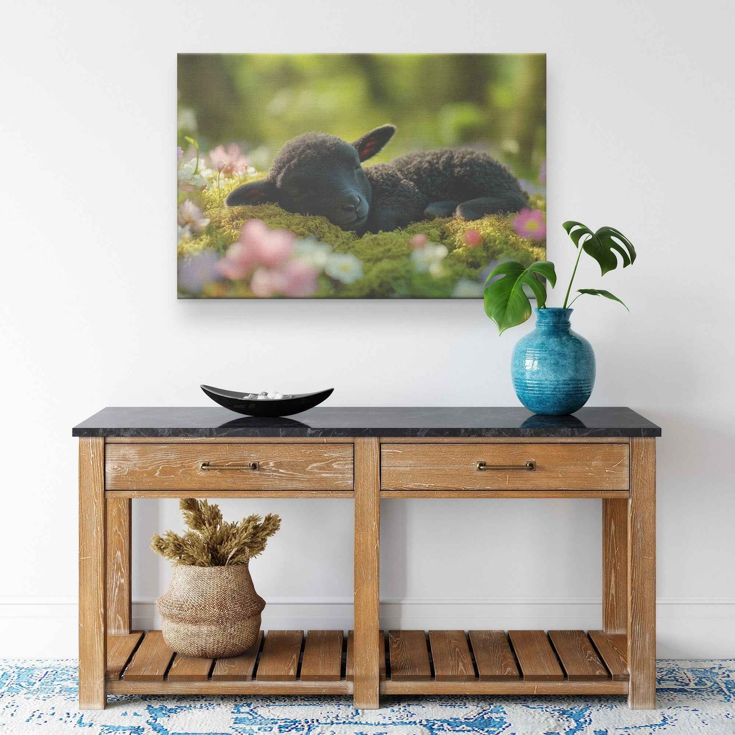 Adorable Black Lamb in Serene Slumber Embraced Nature's Beauty   Christian Canvas Wall Art Decor
