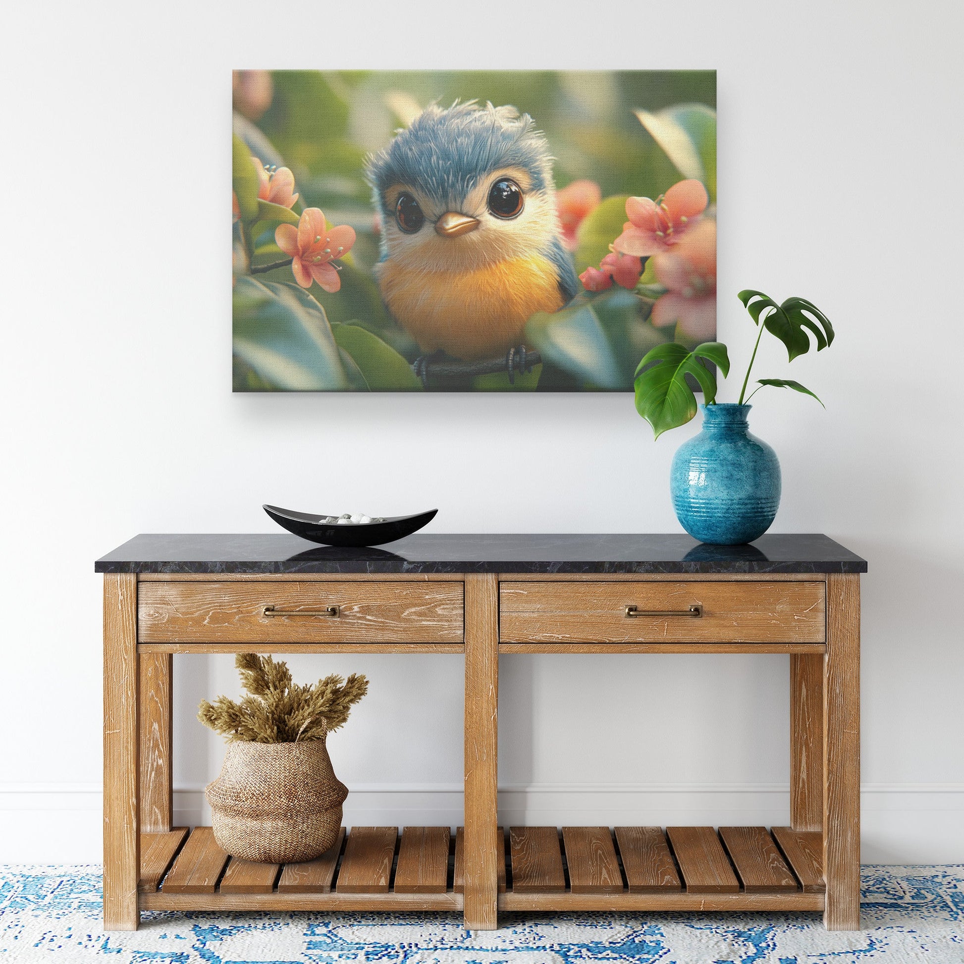 Adorable Blue and Yellow Bird with Big Eyes on a Flowered Tree Branch   Christian Canvas Wall Art Decor - Awakening Righteousness