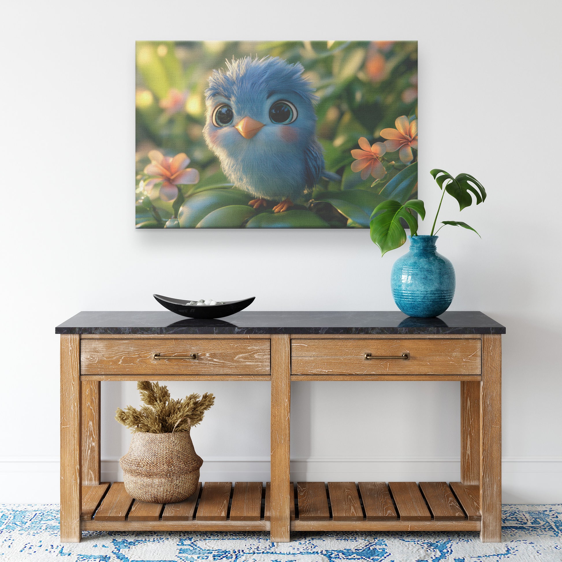 Adorable Blue Bird on Tropical Flowers Radiating Charm and Cuteness   Christian Canvas Wall Art Decor - Awakening Righteousness