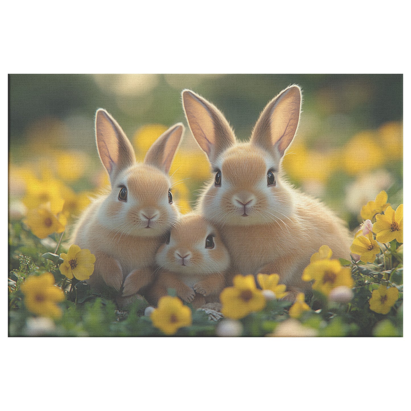 Adorable Family of Bunnies in Grass with Yellow Flowers  Canvas Wall Art Decor - Awakening Righteousness