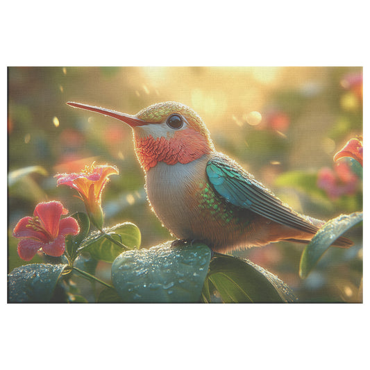 Adorable Hummingbird Perched on a Flower in Morning Rain Christian Canvas Wall Art Decor - Awakening Righteousness