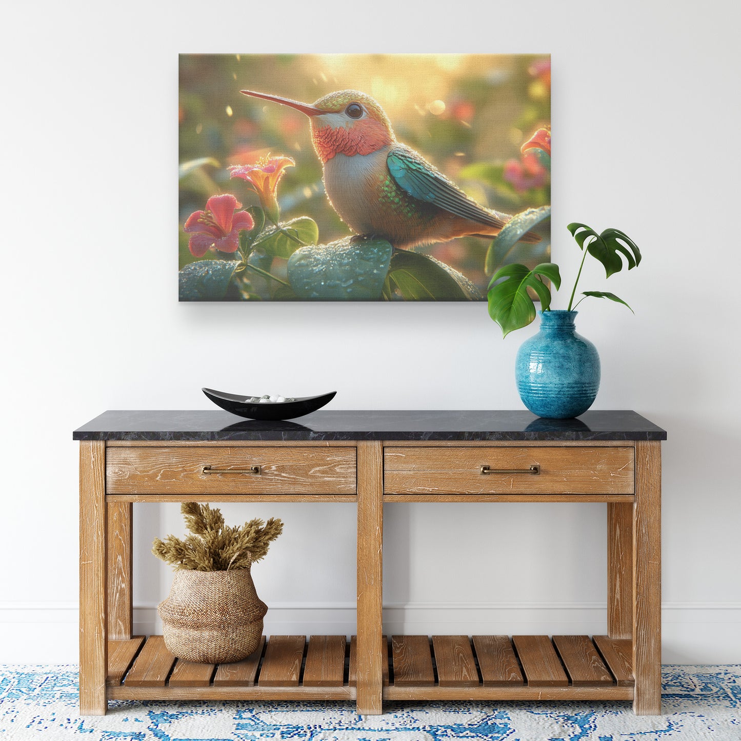 Adorable Hummingbird Perched on a Flower in Morning Rain   Christian Canvas Wall Art Decor - Awakening Righteousness