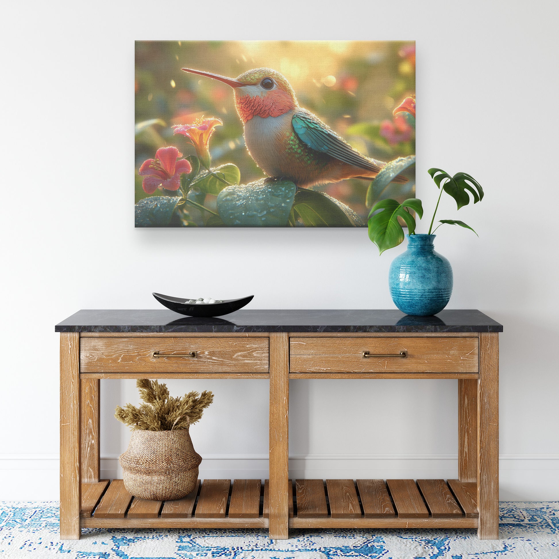 Adorable Hummingbird Perched on a Flower in Morning Rain   Christian Canvas Wall Art Decor - Awakening Righteousness