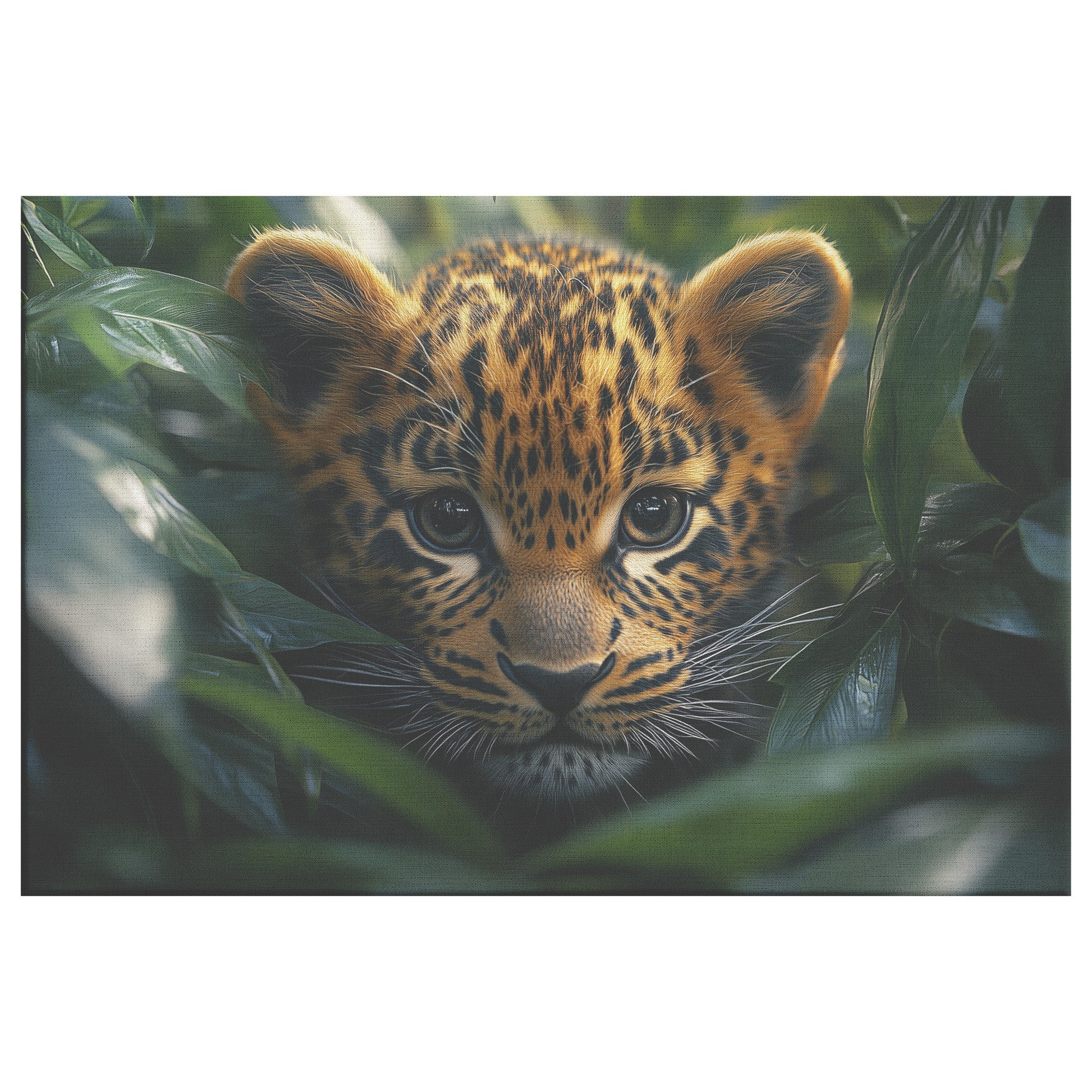 Adorable Leopard Cub Peeking from Leaves in Dense Jungle with Sunlight  Cute Wildlife Art for Home Living Room or Office  Canvas Wall Art Decor - Awakening Righteousness