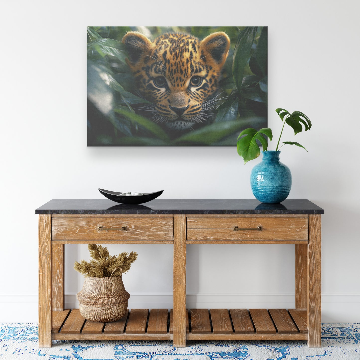Adorable Leopard Cub Peeking from Leaves in Dense Jungle with Sunlight  Cute Wildlife Art for Home Living Room or Office  Canvas Wall Art Decor - Awakening Righteousness