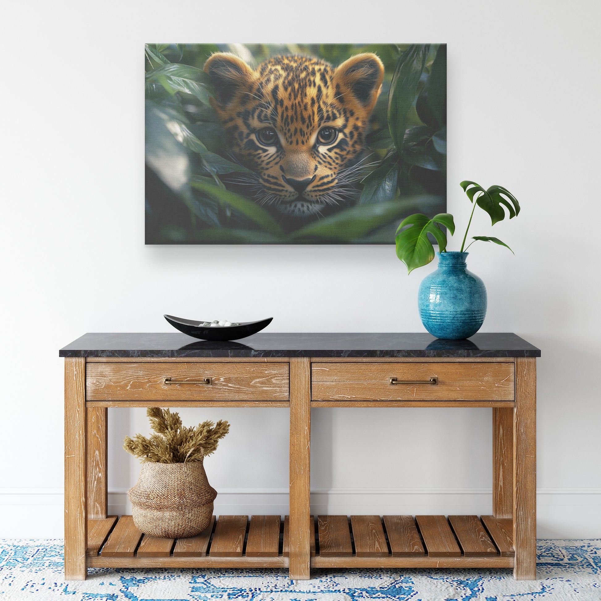 Adorable Leopard Cub Peeking from Leaves in Dense Jungle with Sunlight  Cute Wildlife Art for Home Living Room or Office  Canvas Wall Art Decor - Awakening Righteousness