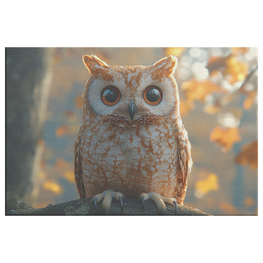 Adorable Owl with Large Orange Eyes Perched on a Tree in an Autumn Setting  Nature-Inspired Wall Art Decor - Awakening Righteousness