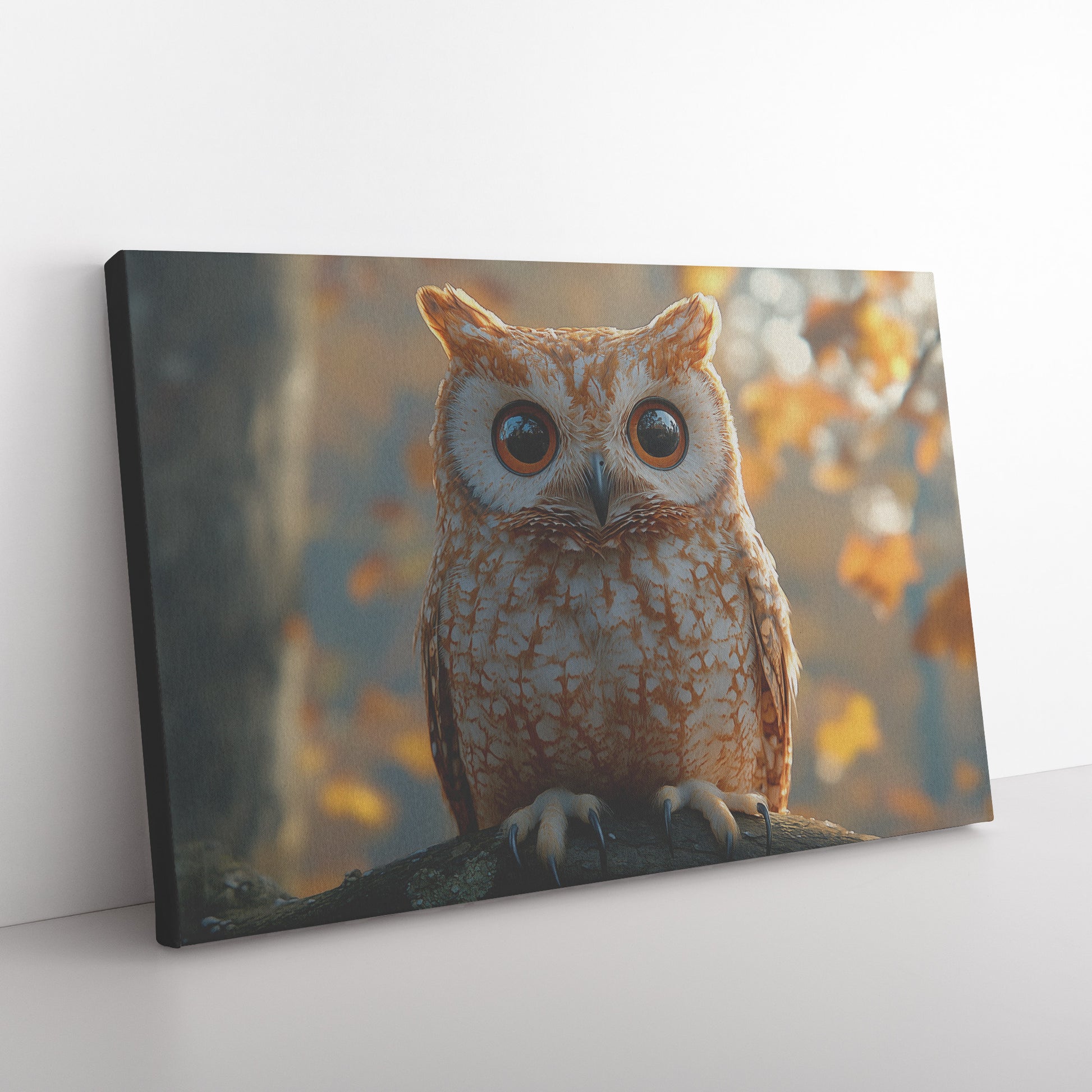 Adorable Owl with Large Orange Eyes Perched on a Tree in an Autumn Setting  Nature-Inspired Wall Art Decor - Awakening Righteousness
