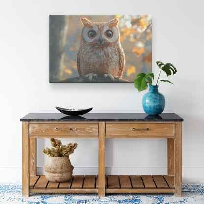 Adorable Owl with Large Orange Eyes Perched on a Tree in an Autumn Setting  Nature-Inspired Wall Art Decor - Awakening Righteousness