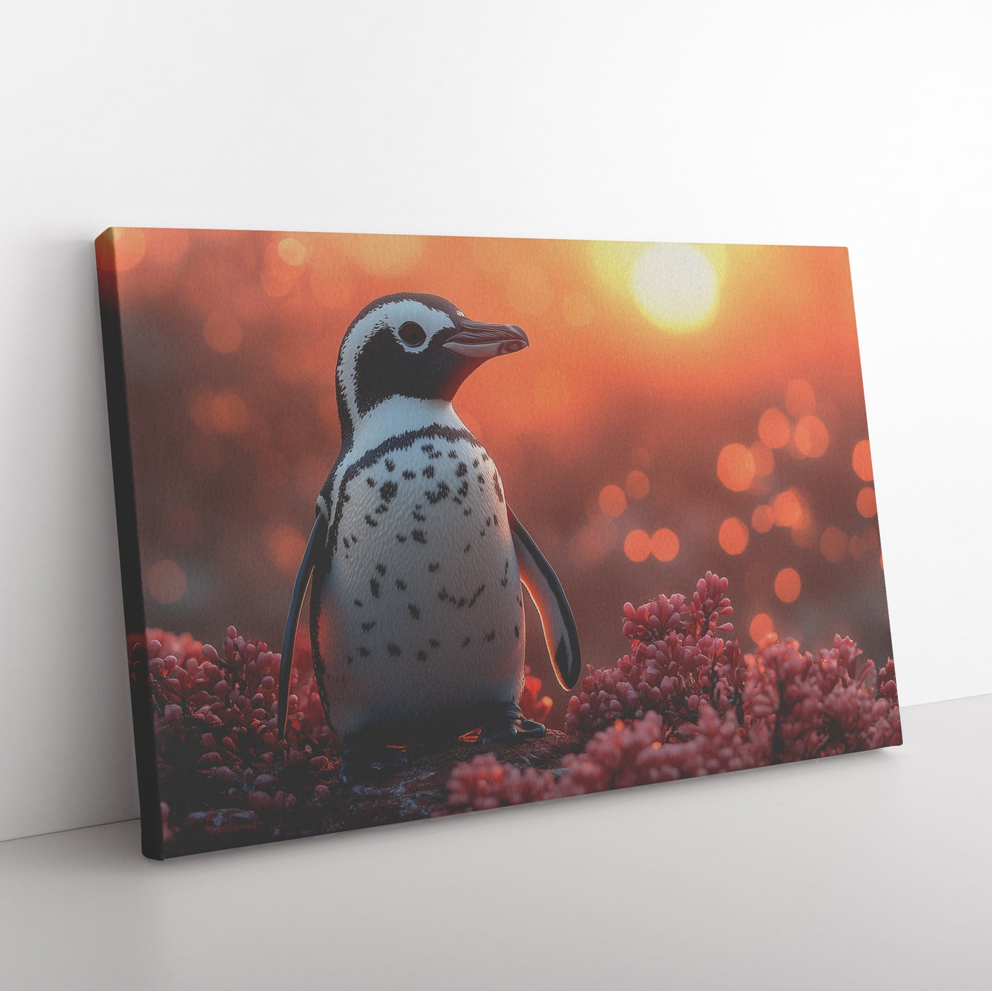 Adorable Penguin Standing on Red Flowers with Sunset Bokeh Lights   Christian Canvas Wall Art Deco - Awakening Righteousness