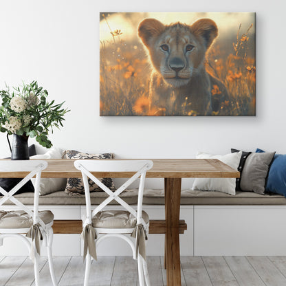 Adorably Cute Baby Lion in the Savannah with Golden Hour Lighting   Christian Canvas Wall Art Decor - Awakening Righteousness