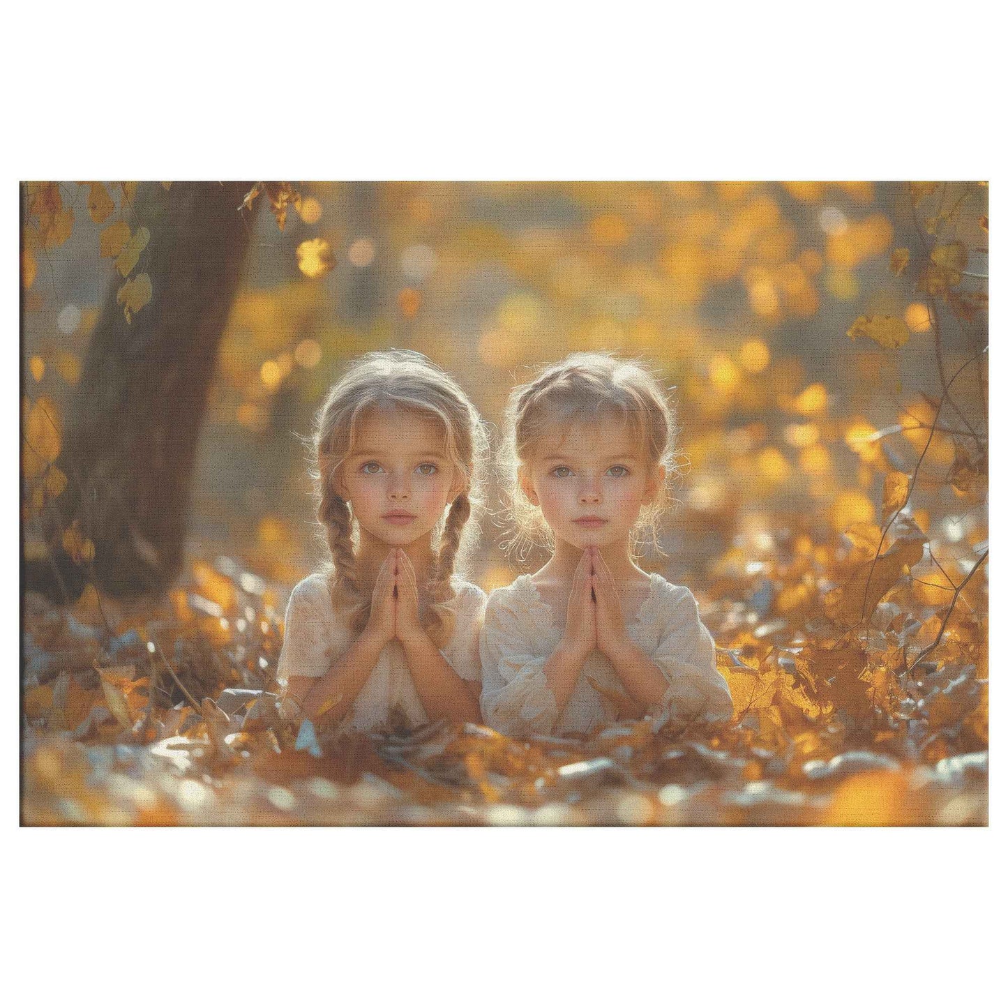 Autumn Blessings Two Sisters in Prayer Amidst Golden Leaves   Christian Canvas Wall Art Decor