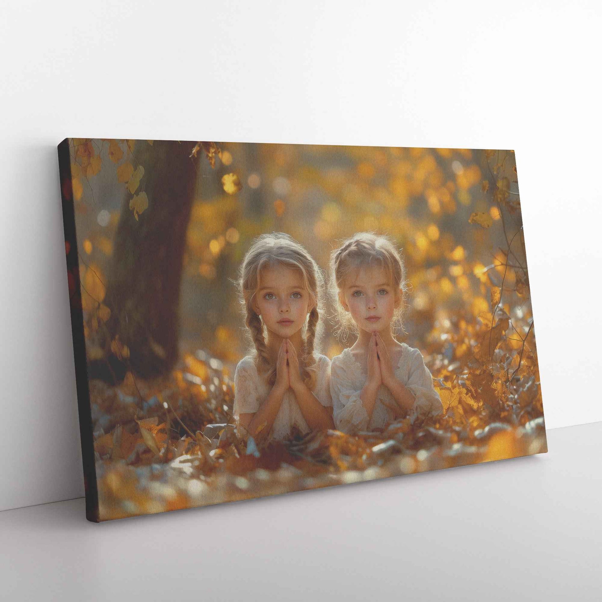 Autumn Blessings Two Sisters in Prayer Amidst Golden Leaves   Christian Canvas Wall Art Decor