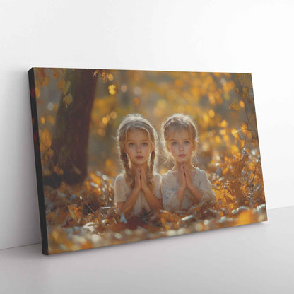 Autumn Blessings Two Sisters in Prayer Amidst Golden Leaves   Christian Canvas Wall Art Decor