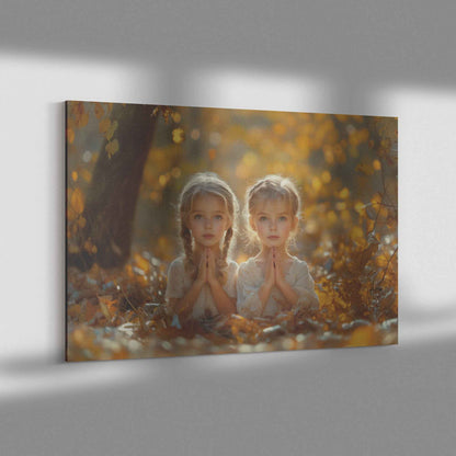 Autumn Blessings Two Sisters in Prayer Amidst Golden Leaves   Christian Canvas Wall Art Decor