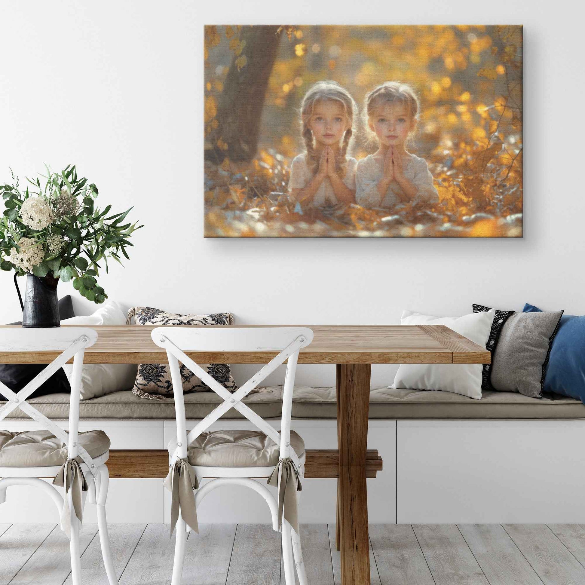 Autumn Blessings Two Sisters in Prayer Amidst Golden Leaves   Christian Canvas Wall Art Decor