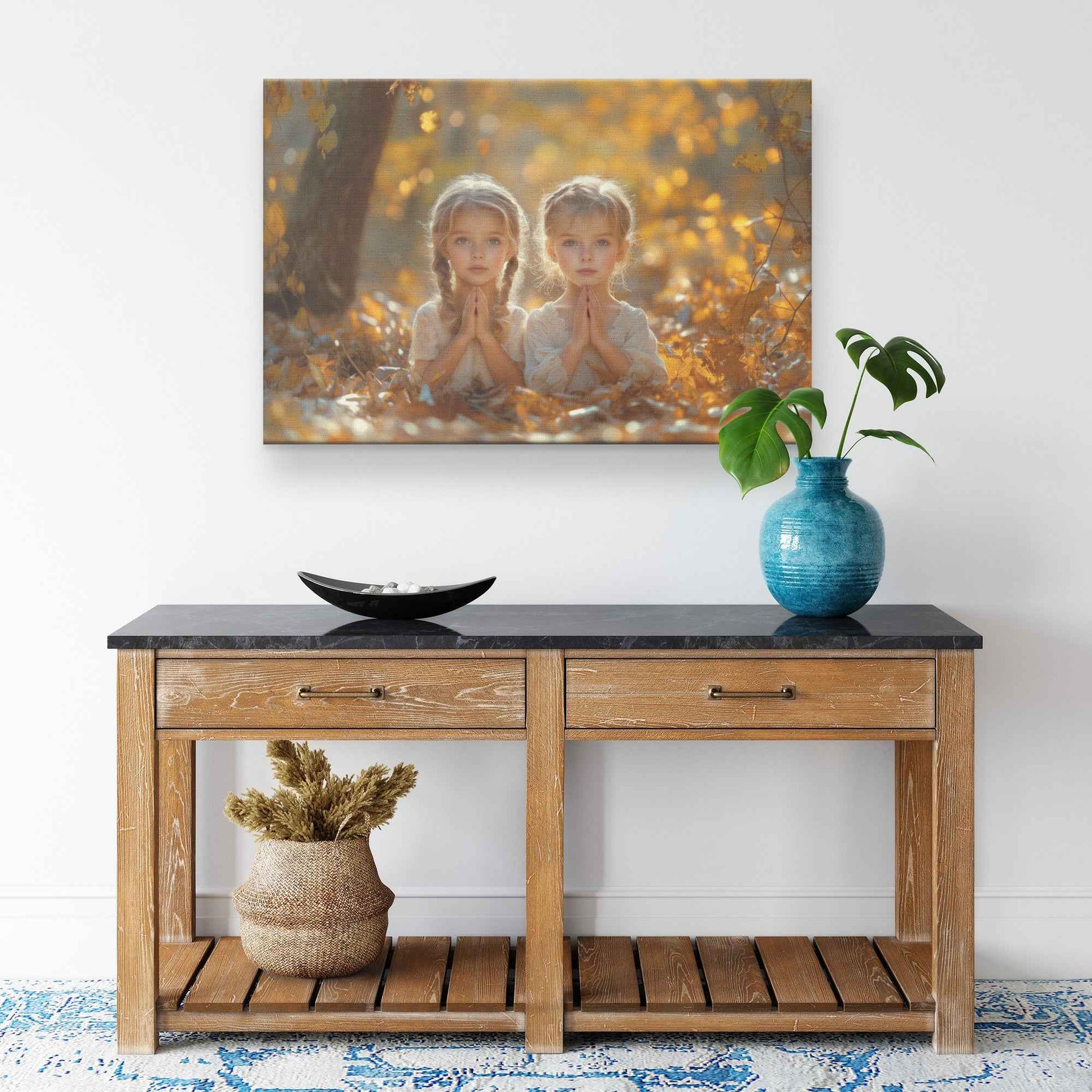Autumn Blessings Two Sisters in Prayer Amidst Golden Leaves   Christian Canvas Wall Art Decor