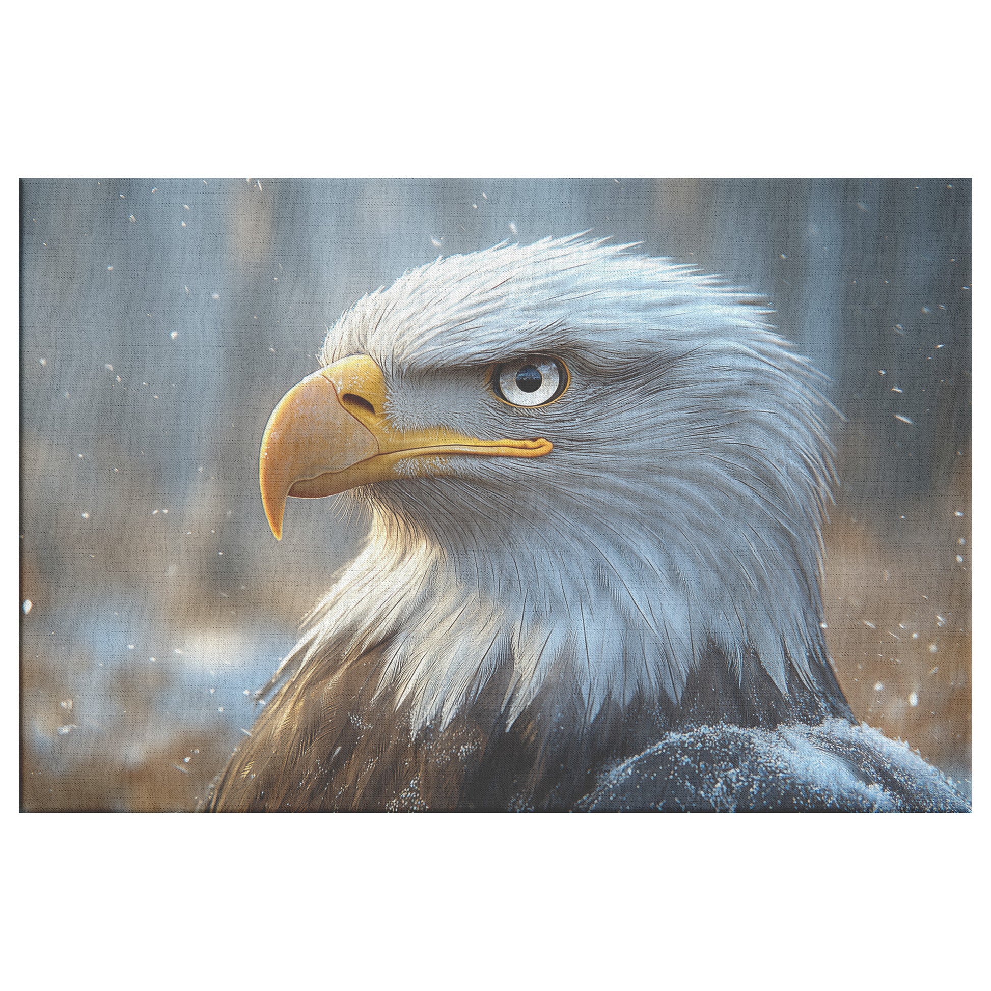 Bald Eagle with Detailed Feathers and Sharp Beak in Snowy Environment  Majestic Wildlife Canvas Wall Art Decor for Home or Office - Awakening Righteousness
