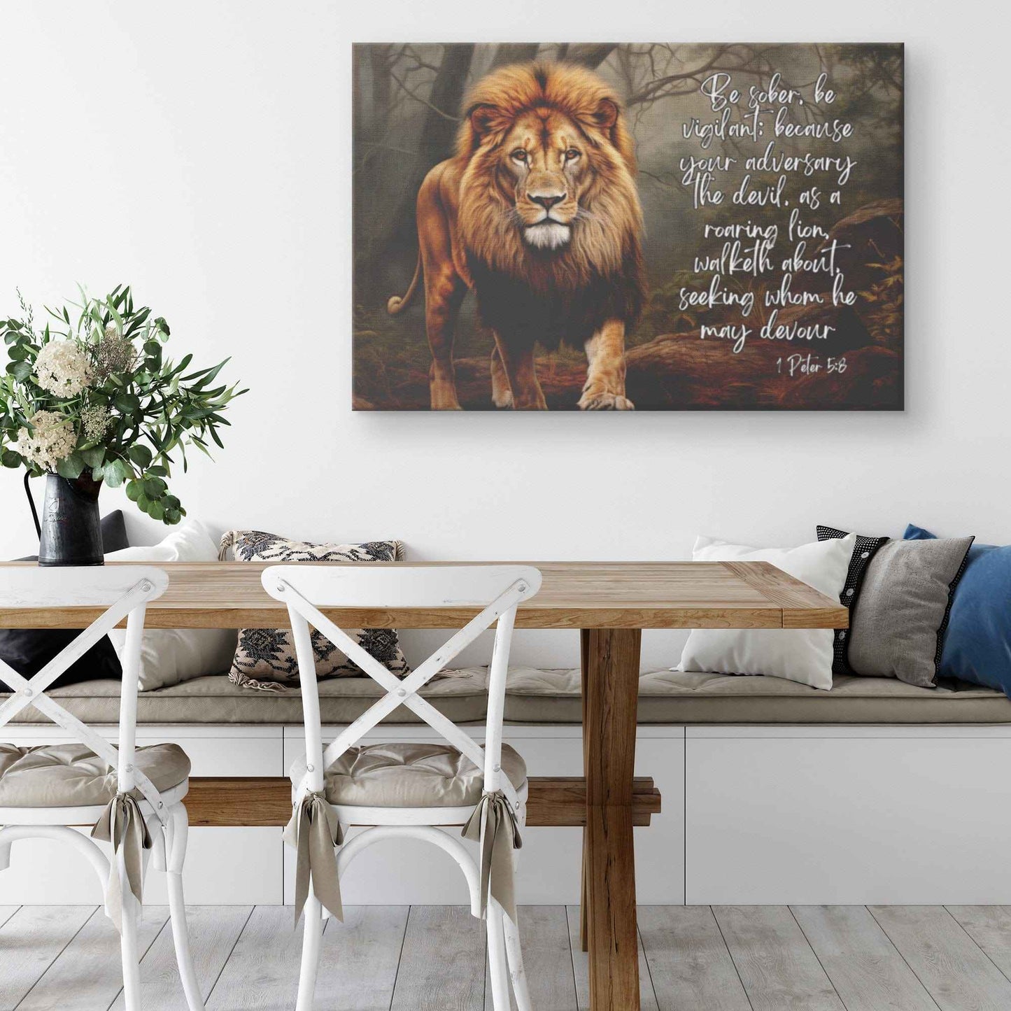 Be sober, be vigilant because your adversary the devil, as a roaring lion, walketh about, seeking whom he may devour Wall Art Canvas