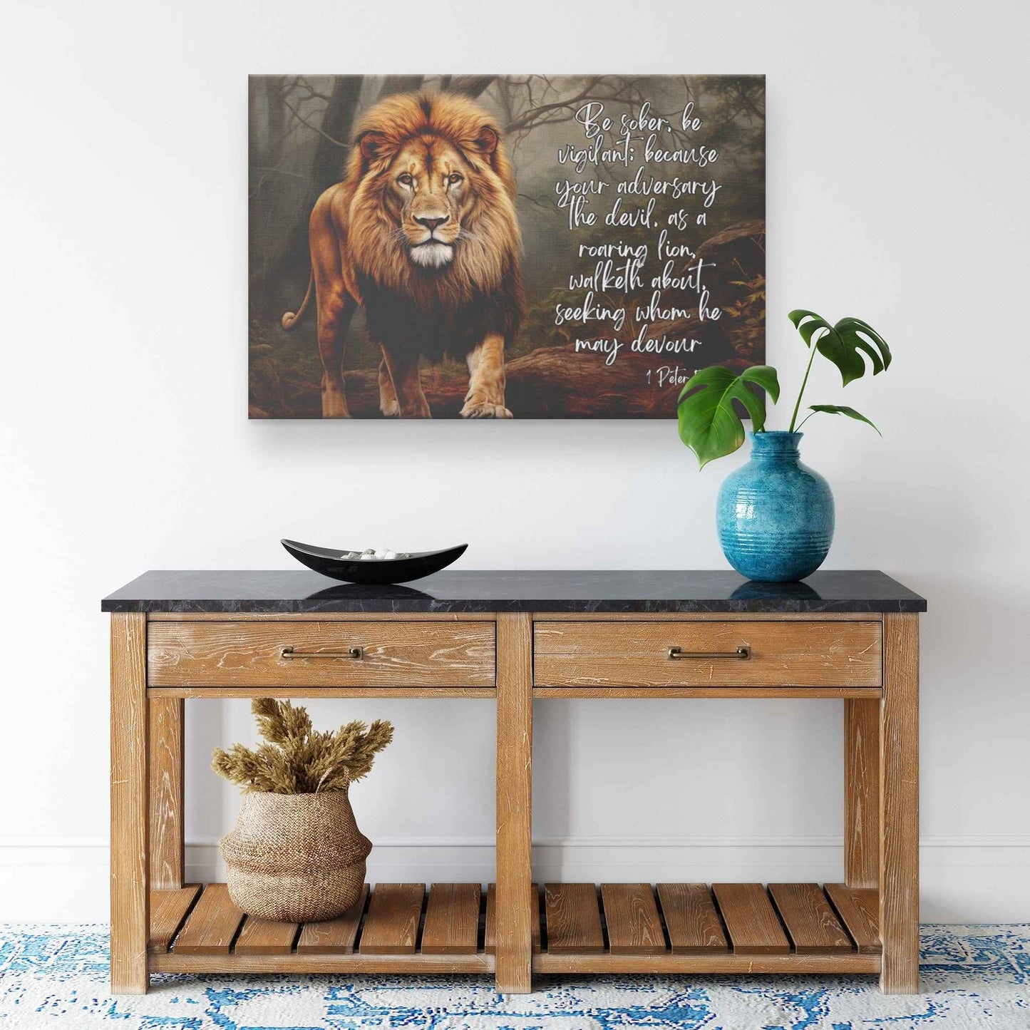 Be sober, be vigilant because your adversary the devil, as a roaring lion, walketh about, seeking whom he may devour Wall Art Canvas
