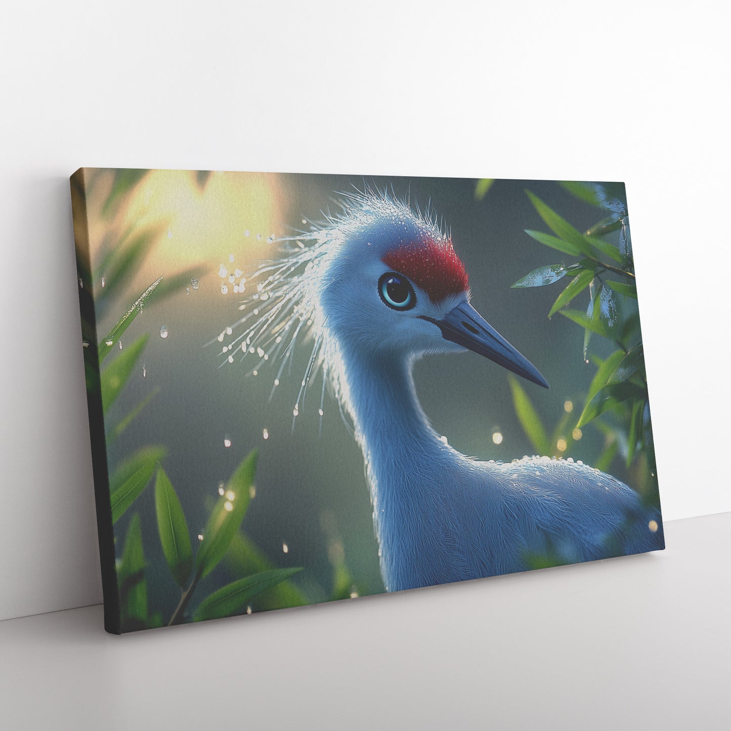 Beautiful Blue Crane Bird with Red Feathers in Sunlight  Canvas Wall Art Decor - Awakening Righteousness